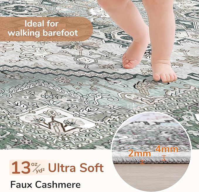 OPPODREAM Soft 10x14 Area Rugs, Washable Rugs 10x14 with Non Slip Backing, Low-Pile Faux Cashmere 10 x 14 Carpet, Green