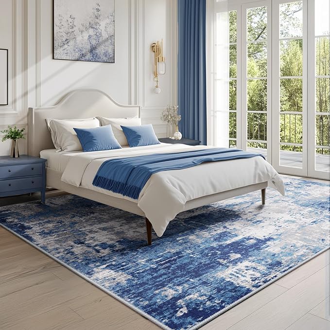 Washable Area Rugs 6'x8' Non-Slip Modern Abstract Soft for Living Room Entryway Bedroom Nursery, Print Pattern, Blue Grey Navy Gray