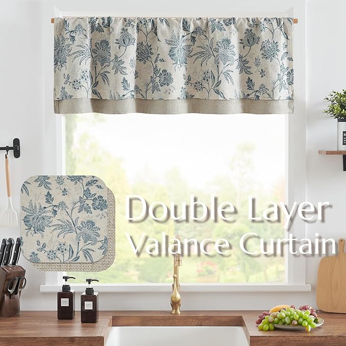 jinchan Floral Valance Curtain Linen Kitchen Valance for Windows 16 Inch Farmhouse Light Filtering Floral Short Window Treatment for Living Room 1 Panel Rod Pocket Double Layer Blue on Beige