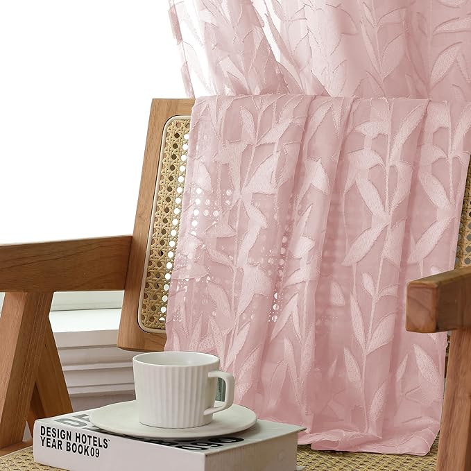 Lecloud Leia 24 Inch Valance Pink Sheer Curtains Tiers for Kitchen 2 Pieces, Clip Textured Leaf Voile Blush Curtain Valances for Windows, Dual Rod Pocket Living Room Bedroom Short Drapes, 38x24 Inches