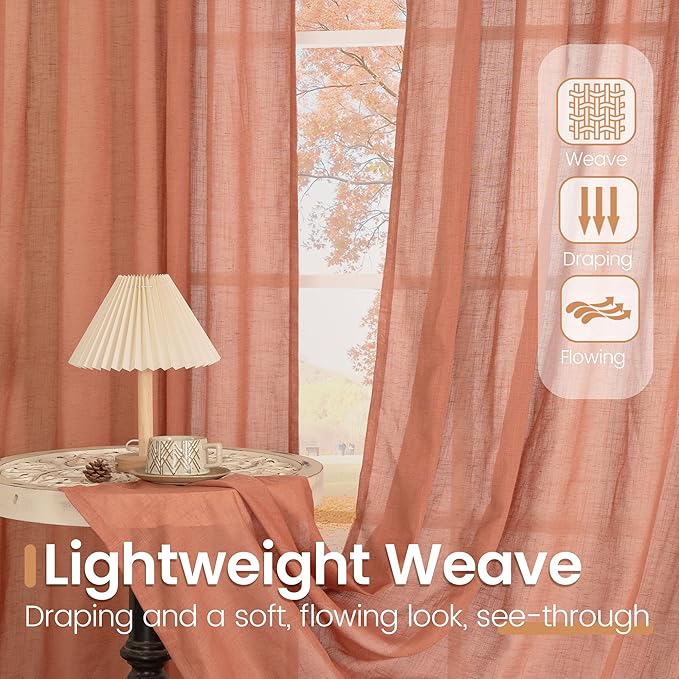 BGment Linen Semi Sheer 80 Inch Curtains for Living Room Windows, Terracotta Light Filtering Drapes with Rod Pocket for Bedroom Dining Burnt Orange Lightweight, 2 Panels Set, Each 52 Inch Wide