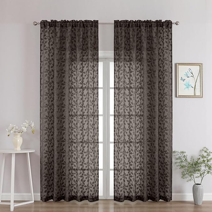 Chyhomenyc Chocolate Sheer Curtains 90 Inch Length 2 Panels Set, Light Filtering Tufted Textured Soft Airy Rod Pocket Gentle Leaf Window Treatment Drapes for Bedroom Living Room, 52" Wx90 L, 2PCS