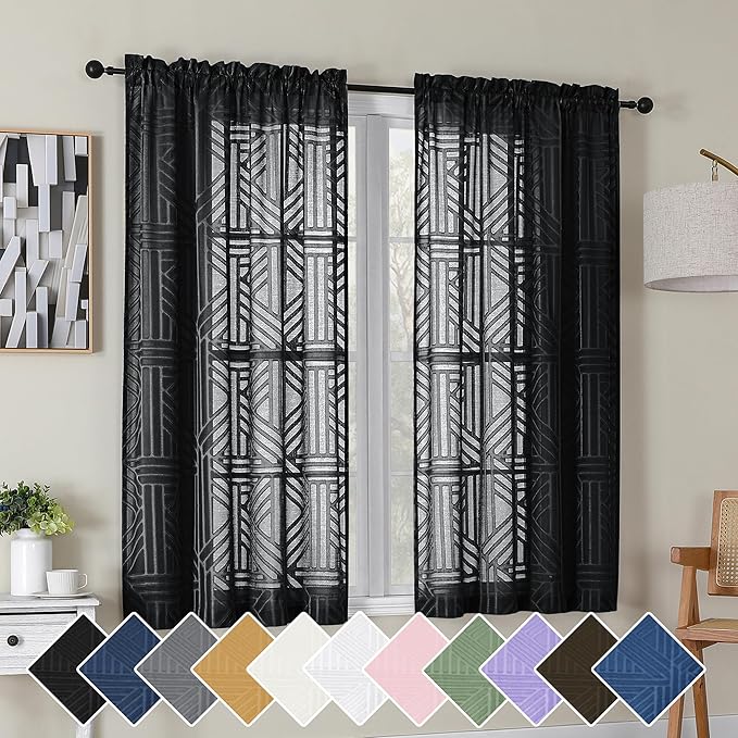 Simplebrand Black Semi Sheer Curtains 54 Inch Length 2 Panels, Geometric Jacquard Clip Textured Short Sheer Curtains for Bedroom，Modern Elegant Window Curtains Drapes/Treatment Sheer，42x54 inch
