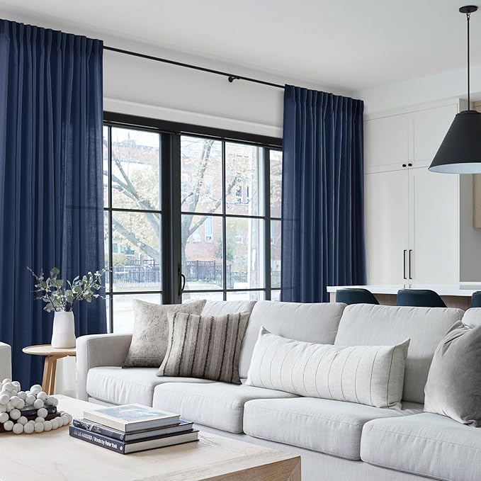 Navy Blue Curtains 96 inch Length for Bedroom Back Tab Light Filtering Semi Sheer Blue Living Room Curtains Linen Cotton Textured Indigo Blue Drapery Panel Modern Aesthetic Decor 60" Wx96 L