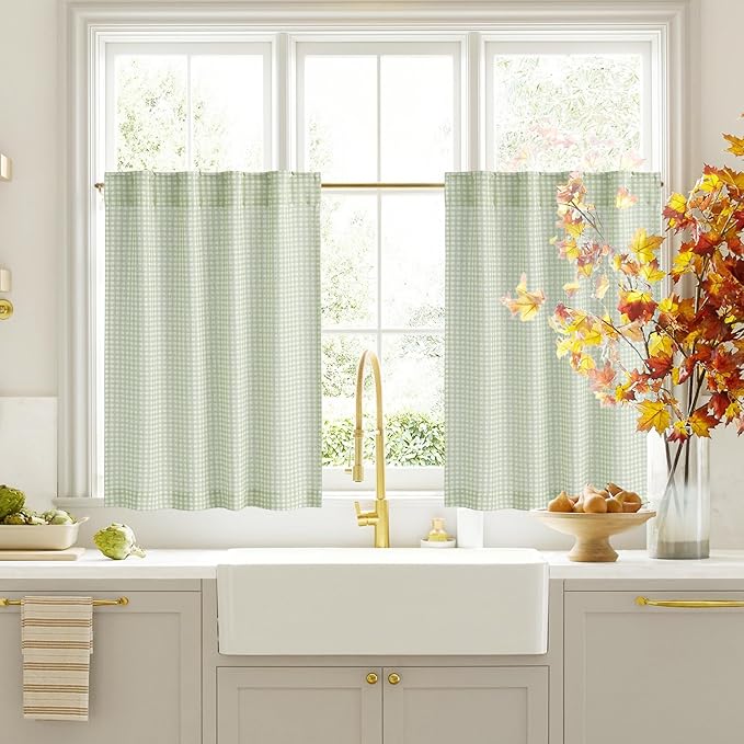 RYB HOME Sage Green Cafe Curtains Rustic Plaid Kithen Tier, Classic Short Checkered Drapes 36 inch Length Small Window Treatment for Living Room Bathroom Bistro Farmhouse Valance, W26 x L36, 2 Panels