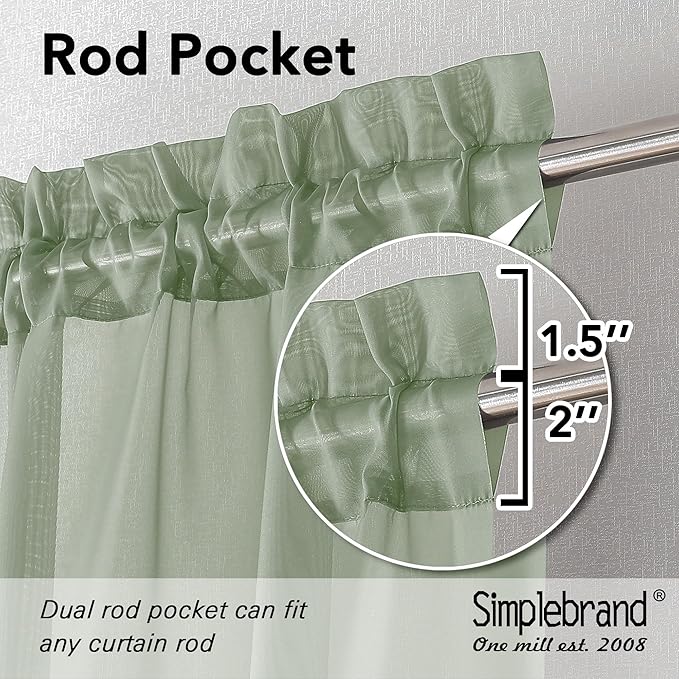 Simplebrand Sage Green Sheer Curtains, 72" Length, 2 Panels Set - Light Filtering, Rod Pocket Window Curtains for Bedroom (Sage Green, 59" W x 72" L)
