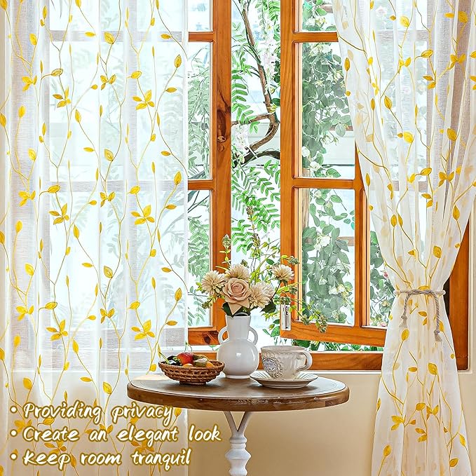AmHoo 2 Panels Embroidered Leaf Pattern Semi Sheer Curtains Foliage Floral Voile Window Draperies Treatment for Bedroom Living Room Rod Pocket White Gold Yellow 53 x 95 Inch