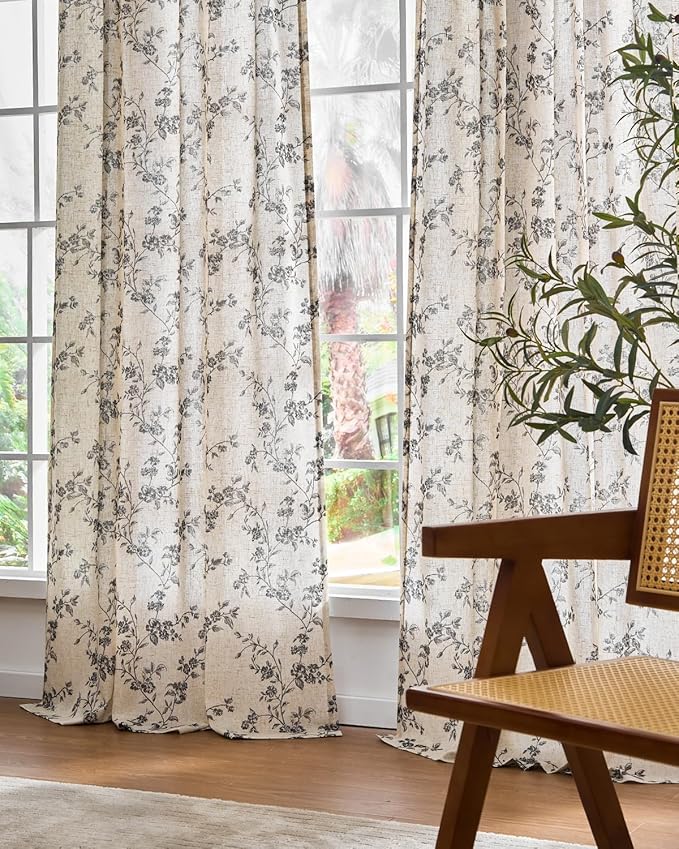 Lazzzy Farmhouse Linen Curtains Extra Long Black Floral Curtains 108 Inch Length Back Tab Drapes for Living Room Bedroom Light Filtering Country Vintage Rod Pocket, 2 Panels, Black on Beige
