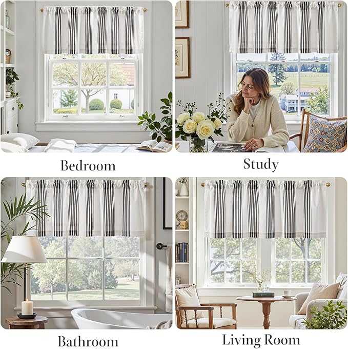 jinchan Striped Linen Valance Curtain 16 Inch Vertical Striped Valance for Kitchen Bathroom Light Filtering Rod Pocket Cottagecore Farmhouse Semi Sheer Short Window Curtain 1 Panel Black