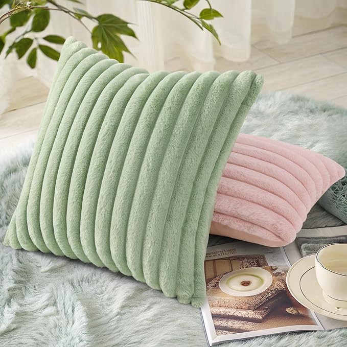 decorUhome Summer Cozy Faux Fur Throw Pillow Covers 22x22 Set of 2 Decorative Plush Striped Modern Farmhouse Boho Couch Euro Sham Pillow Cases with Velvet Back for Sofa Bed Living Room, Sage Green
