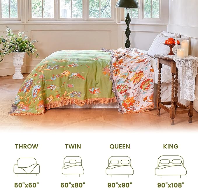 MSGKV Boho Throw Blanket 50"x60" Floral 100% Cotton Blanket with Flower and Butterfly for Couch Sofa Spring Breathable Lightweight Farmhouse Blankets Home Decor Muslin