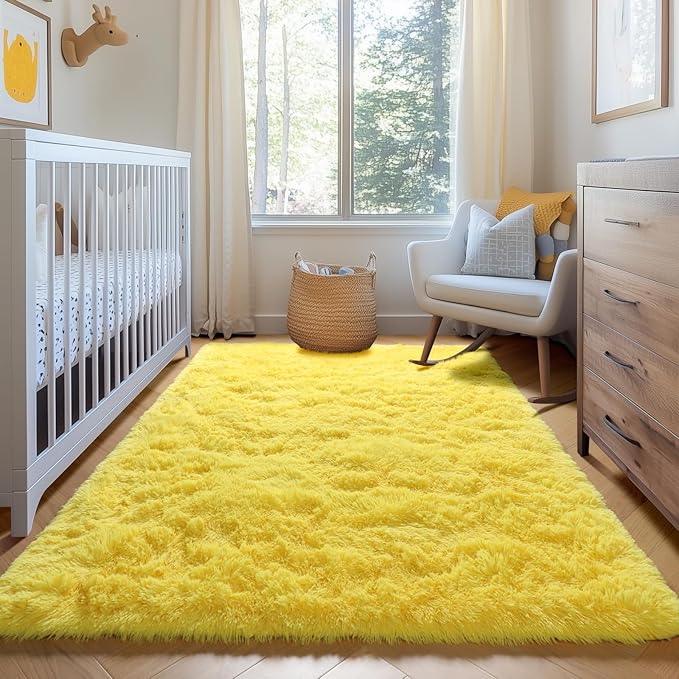 ONASAR Yellow Area Rugs for Bedroom Living Room, Fluffy 4x6 Indoor Bedside Floor Throw Rug, Soft Plush Shaggy Carpet for Nursery Kids Girls Boys Teen Dorm Home Office Decor Aesthetic