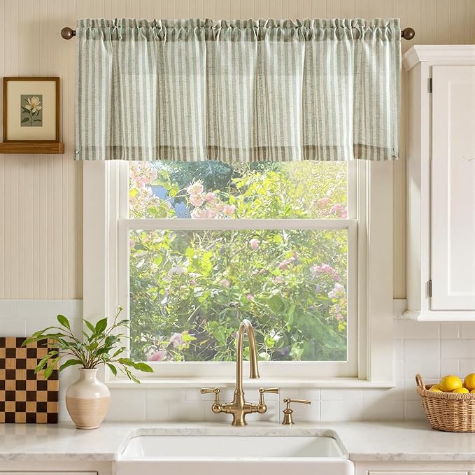 jinchan Valance Curtain Linen Textured Striped Window Curtain for Living Room Light Filtering Farmhouse Valance for Kitchen Rod Pocket 1 Panel 16 Inch Sage Green on Linen 1 Panel