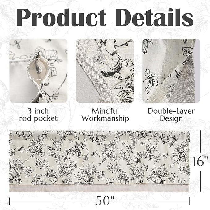 jinchan Linen Valance Curtain for 16 Inch Rustic Farmhouse Country Windows for Living Room Bedroom Bathroom Room Darkening Rod Pocket 1 Panel Black on White