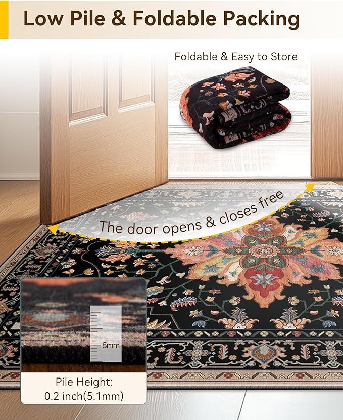 RELEANY Area Rugs 2'x6' Runner Rug Non Slip Washable for Kitchen Hallway Bedroom Beside Laundry Room Bathroom Rug, Floor Carpet, Black Colorful Floral Dark Tan