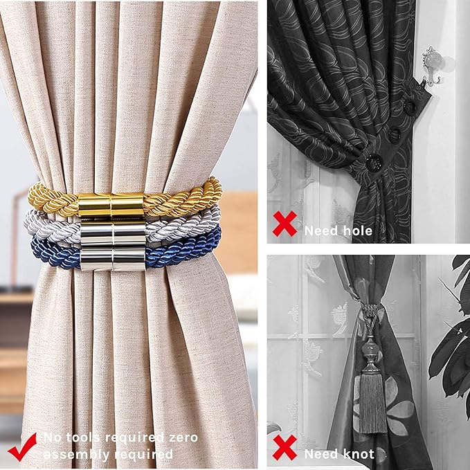 NICEEC 4 Pack Strong Magnetic Curtain Tiebacks Modern Simple Style Drape Tie Backs Convenient Decorative Weave Rope Curtain Holdbacks for Thin or Thick Home & Office Window Draperies (Teal)