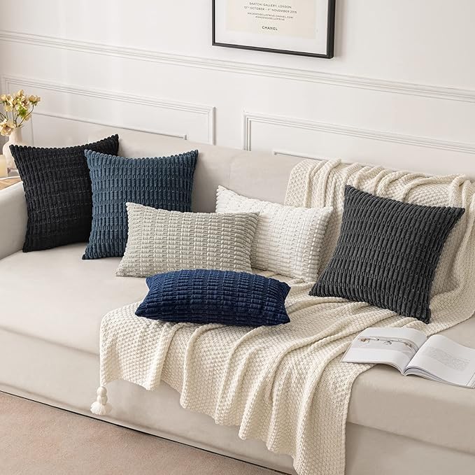 MIULEE Pack of 2 Corduroy Decorative Lumbar Throw Pillow Covers 20x12 Inch Soft Boho Striped Pillow Covers Modern Farmhouse Home Decor for Summer Coastal Sofa Living Room Couch Bed Blue