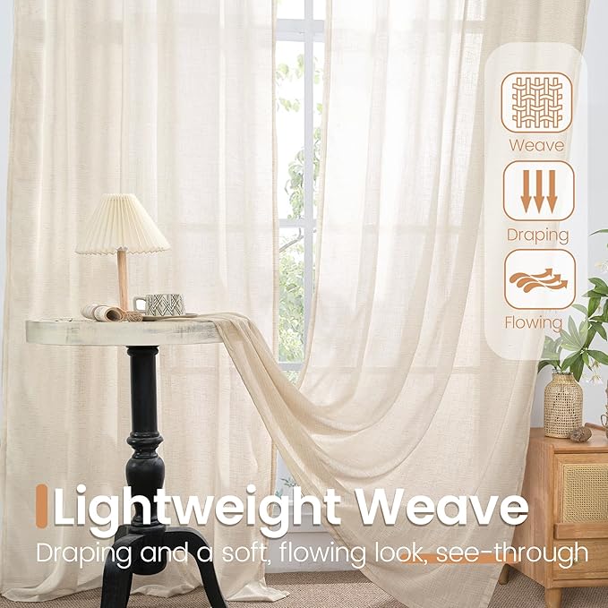 BGment Oatmeal Linen Semi Sheer Curtains 63 Inch Length for Living Room - Rod Pocket Light Filtering Drapes Lightweight Camel Window Treatments for Bedroom Farmhouse, 2 Panels Set, 52 X 63 Inch