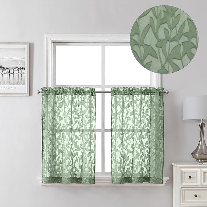Lecloud Leia Sage Green Sheer Curtains 30 Inch Length 2 Pcs, Breathable Jacquard Texture Kitchen Short Curtains, Small Farmhouse Leaves Voile Window Treatments Dual Rod Pocket, 38 W x 30 L