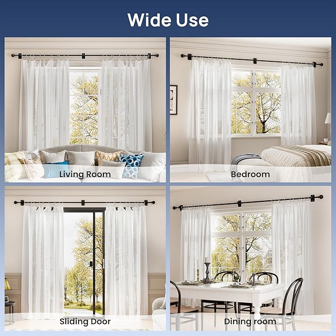 ENJOYBASICS No Drill Curtain Rods for Window 48 to 84 Inches, 5/8 Inch Diameter Renter Friendly Drapery Rod with Adhesive Brackets without Drilling, Adjustable from 27 to 90 Inches, Black