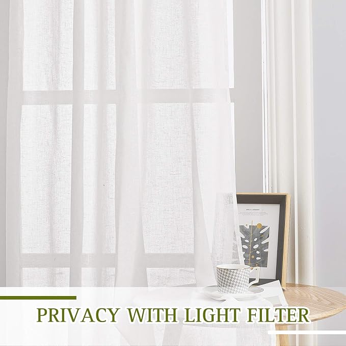 NICETOWN Privacy White Sheer Linen Curtains 96" L, Grommet Semi Sheer Linen Elegant Vertical Drapes with Light Filtering Window Treatments for Farmhouse/Porch, 140" W Total 2 Panels