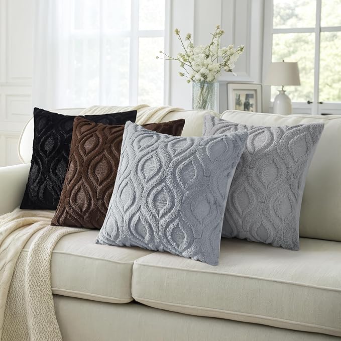 decorUhome Throw Pillow Covers 20x20 Inch Set of 2, Soft Plush Faux Wool Blue Grey Solid Couch Pillow Covers, Accent Farmhouse Neutral Square Pillow Cases for Sofa Bed Living Room