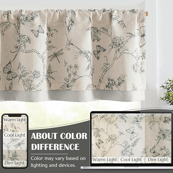 jinchan Floral Curtain Valance for Windows 16 Inch Linen Valance for Kitchen Living Room Rustic Cottage Farmhouse Flower Butterfly Curtain Rod Pocket 1 Panel Double Layer Blackout Grey on Beige