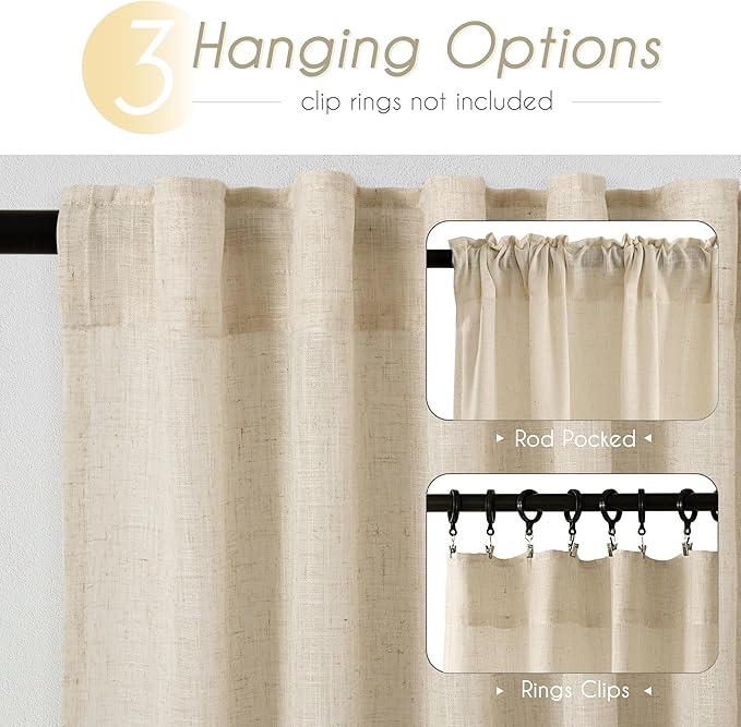 Greyish Beige Linen Curtain 120 inch Length 2 Panels Set Back Tab Light Filtering Living Room Curtain Drapes Home Office Modern Minimalist Decor Farmhouse Boho Neutral Semi Sheer Curtain 120 inch Long
