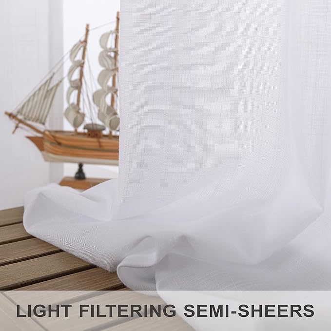 Pitalk White Linen Sheer Drape 104 Inch Curtains for Living Room Custom Curtains 2 Panels Set Back Tab Pleated Modern Farmhouse Light Filtering Ceiling to Floor for Large Window 52 x 104 Long Curtain