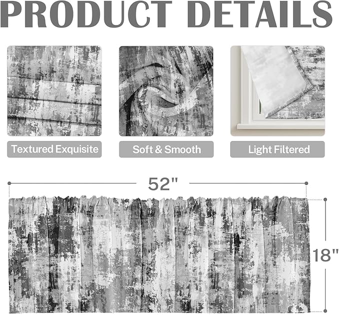 Emvency 4 Pack Valances Window Treatments, Abstract Modern Grey Grunge Minimalist Drapes Adjustable Curtain for Windows Living Room Kitchen Over Sink, 52x18 Inch Rod Pocket Valances