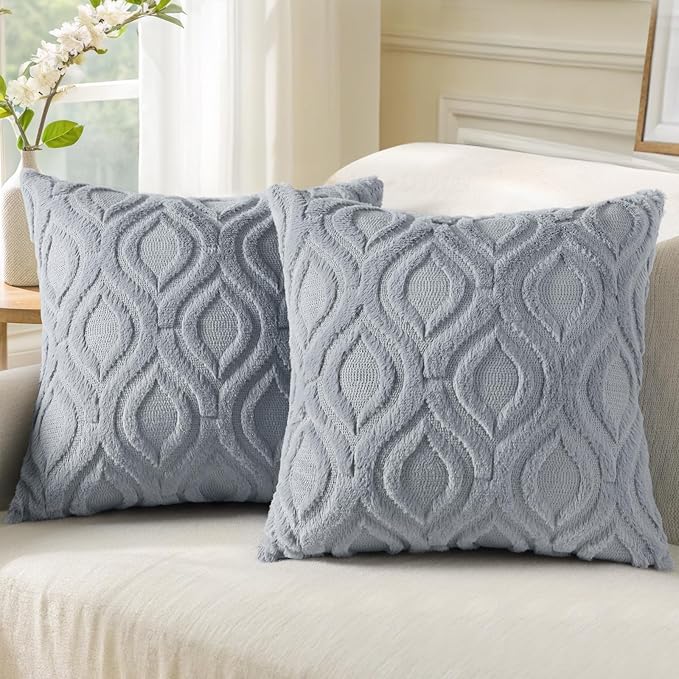 decorUhome Throw Pillow Covers 22x22 Inch Set of 2, Soft Plush Faux Wool Blue Grey Solid Couch Pillow Covers, Accent Euro Sham Farmhouse Neutral Square Pillow Cases for Sofa Bed Living Room