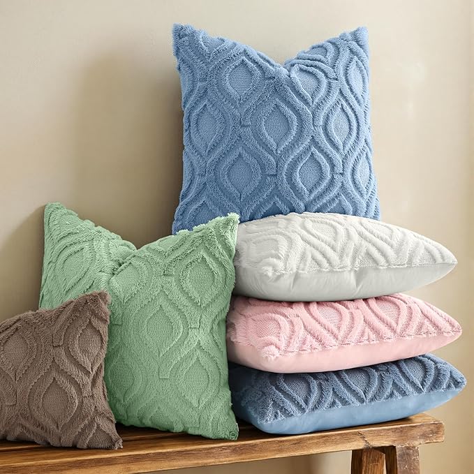 decorUhome Throw Pillow Covers 16x16 Inch Set of 2, Soft Plush Faux Wool Bluen Solid Couch Pillow Covers, Accent Farmhouse Neutral Square Pillow Cases for Sofa Bed Living Room