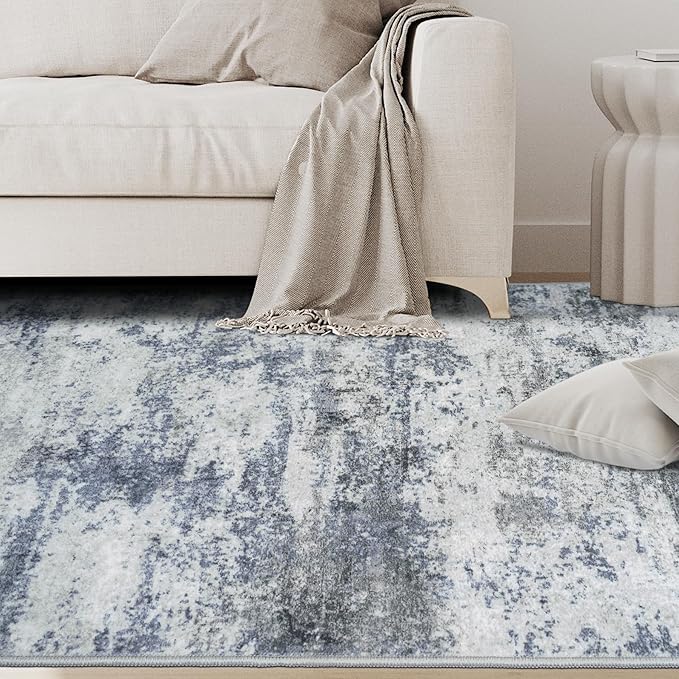 9x12 Area Rugs for Living Room Washable: Abstract Large Rug for Dining Room Bedroom Carpet Non Slip 9 by 12 Indoor Modern Nursery Home Office Blue Grey