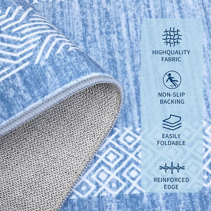 GarveeHome 9x12 Large Modern Light Blue Area Rug Distressed Bordered Soft Non Shedding Floor Carpet, Geometric Washable Non Slip Low Pile Indoor Area Rug for Living Room, Bedroom
