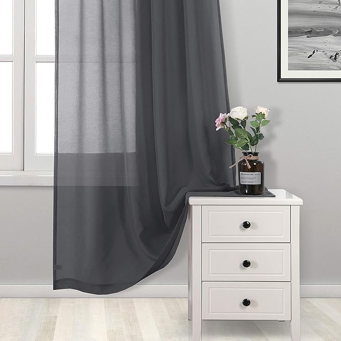 DWCN Dark Gray Sheer Curtains Semi Transparent Voile Rod Pocket Curtains for Bedroom and Living Room, 52 x 72 inches Long, Set of 2 Panels