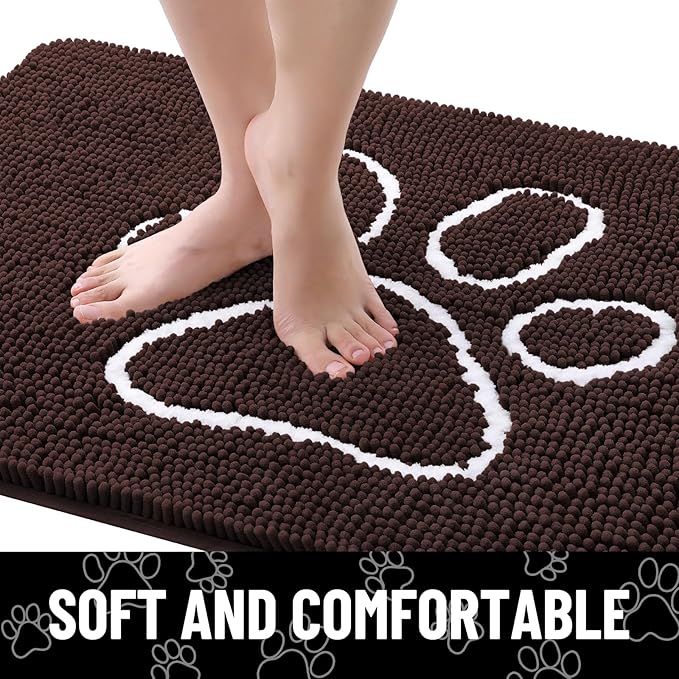 Smiry Dog Door Mat for Muddy Paws, Absorbent Dirt Trapper Non Slip Quick Dry Washable Chenille Mat for Mud Dogs, Entry Rug for Indoor and Outdoor (59x32 Inches, Brown and White)