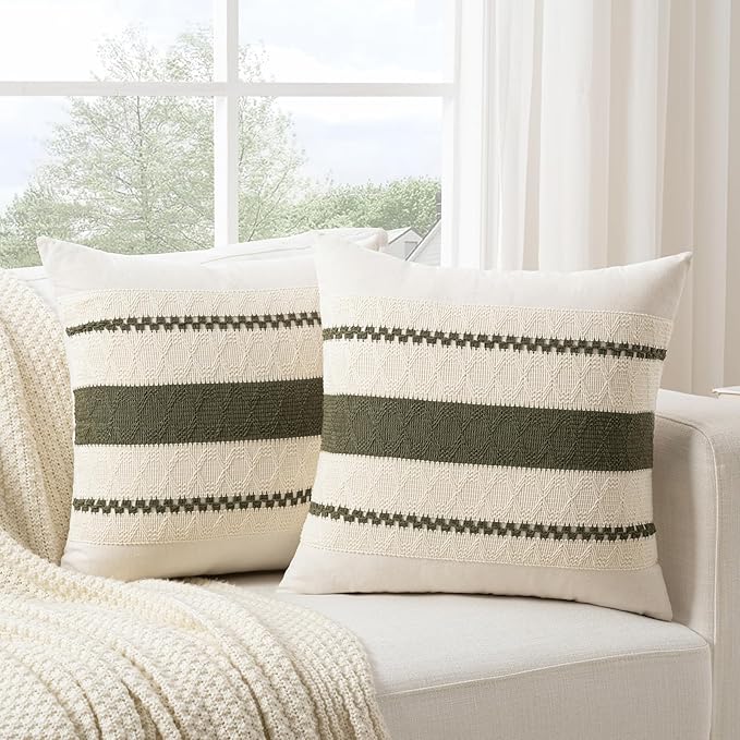Fancy Homi Set of 1 Boho Olive Green Euro Decorative Throw Pillow Cover 26x26 Inch for Couch Bed Bedroom, Aesthetic Modern Organic Farmhouse Room Decor, Soft Cotton Accent Macrame Woven Cushion Case