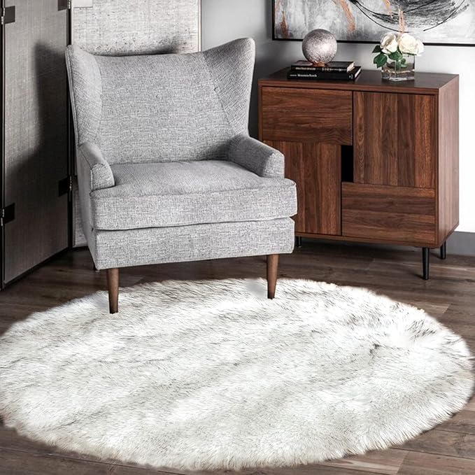 Latepis White with Grey Tips Round Rugs 5ft Washable Faux Sheepskin Fur Rug Fluffy Area Furry Rug for Living Room Bedroom Room Decor