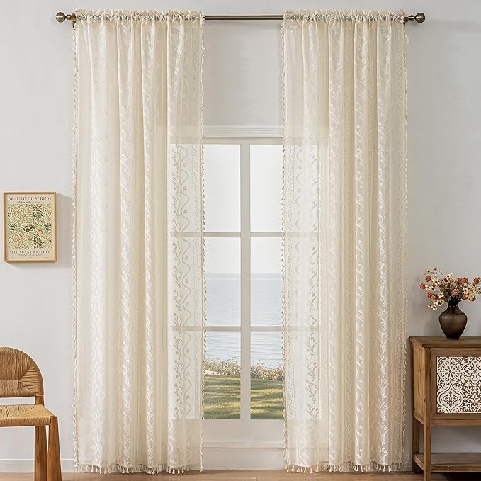WAZZIO Boho Lace Curtains 2 Panels 84 Inches Long-Cute Vintage Victorian Sheer Panels with French Country Flower Pattern & Tassel Light Filtering Privacy for Bedroom Dining Living Room,Beige