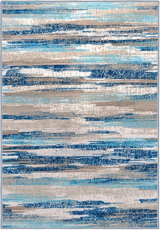 Lansny Modern Abstract 9x12 Large Machine Washable Living Room Rug Non-Slip Soft Bedroom Area Rug Blue Ultra Thin Print Faux Wool Carpet Throw Rugs for Nursery Playroom Dining Room Indoor Office