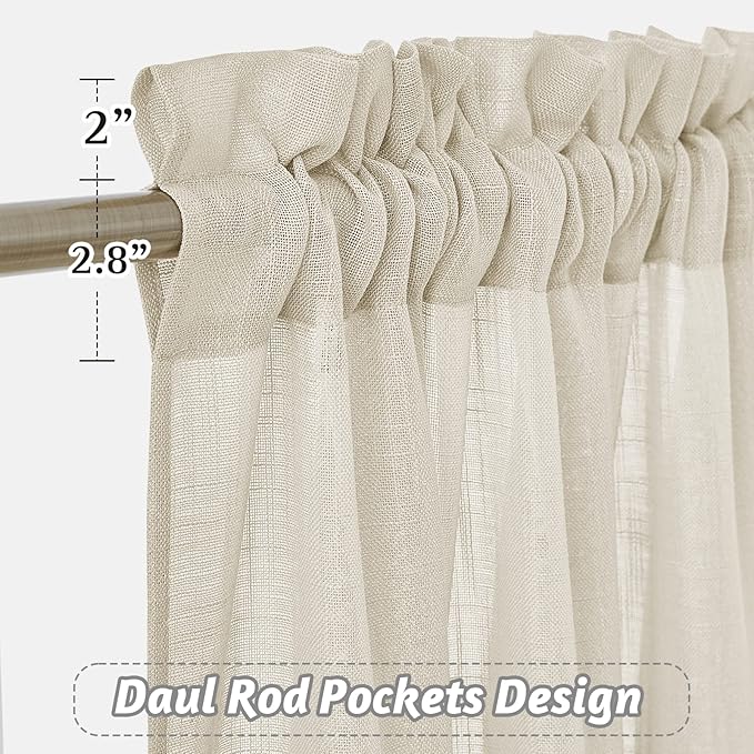 RYB HOME Window Toppers Valances - Semi Sheer Valances Pleated Rod Pocket Linen Textured Fabric Window Dressing for Kitchen, Kids Room Short Drapes, Warm Beige, W 52 x L 18 Each Panel, Set of 2