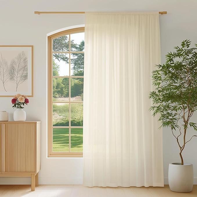 FMFUNCTEX Sheer Non-See-Through Butter Cream Curtains for Bedroom, Sliding Door Curtains 96 Inches Long Window Curtain Drapes for Living Room, Patio Glass Door Extra Wide Curtain, Rod Pocket 1 Panel