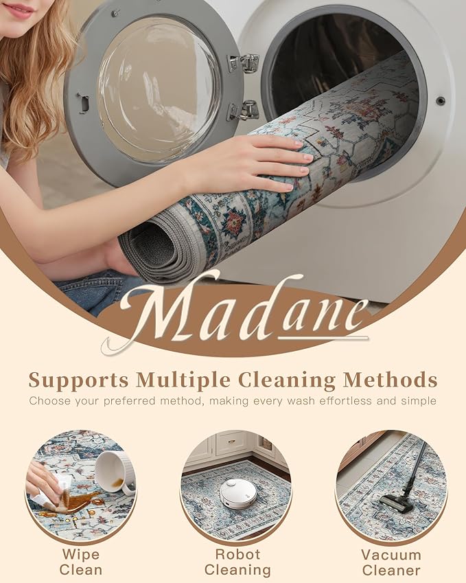 Madane Hallway Runner Rug 2x12, Extra Long Washable Runner Rugs with Rubber Backing, Non Slip Carpet Runner, Vintage Medallion Rug Runners for Kitchen Laundry Room Entryway (Blue, 2'x12')