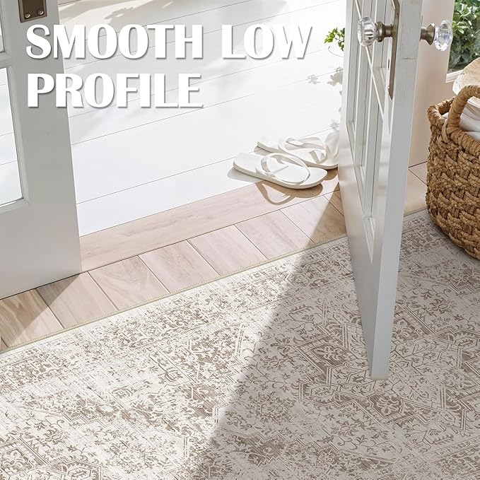 3x15 Washable Hallway Runner Rug - Vintage Kitchen Runners Low Pile Carpet Soft Thin Floor Runner with Rubber Backing for Entryway Living Room Home Decor (Cream/Camel)