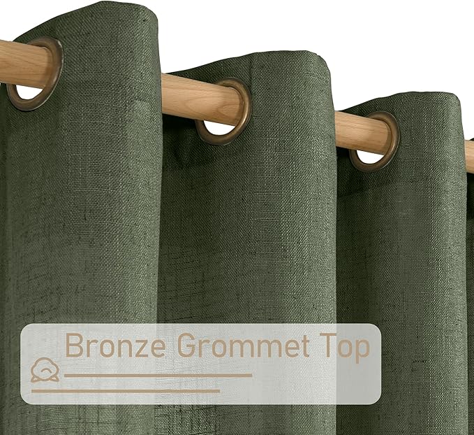 LAMIT Olive Green Light Filtering Linen Curtains, 54 inch Length Linen Textured Semi Sheer Bronze Grommet Christmas Room Drapes for Bedroom/Living Room, 2 Panels, 52 x 54 Inch