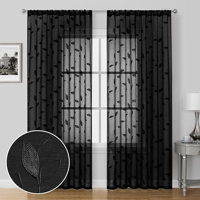 HOMEIDEAS Black Sheer Curtains 52 X 96 Inches Length 2 Panels Black Embroidered Leaf Pattern Gothic Faux Linen Floral Semi Sheer Voile Window Curtains/Drapes for Bedroom Living Room