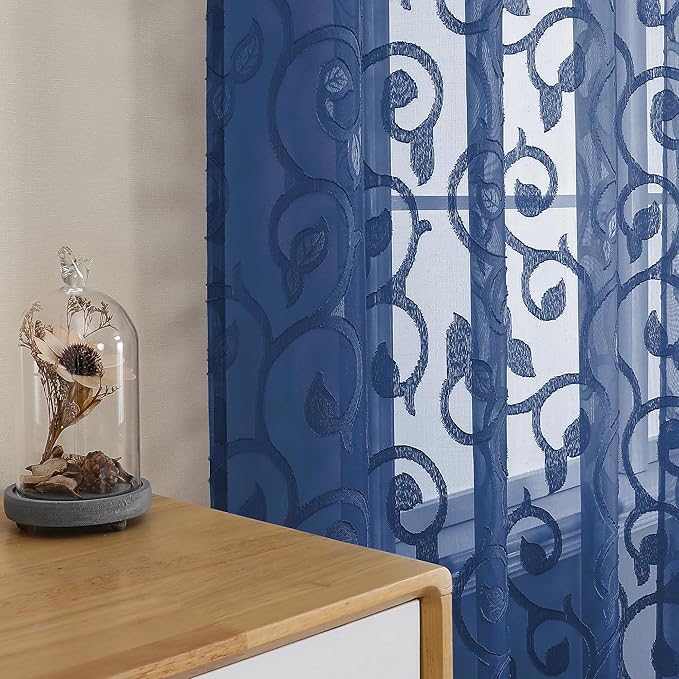 OWENIE Furman Sheer Curtains 63 inch Length for Bedroom Living Room 2 Panels Set, Jacquard Clip Textured Semi Sheer Curtains, Light Filtering Rod Pocket Farmhouse Window Treatments, Blue, 40Wx63L inch