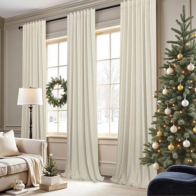Short Linen Blackout Curtains for Bay Windows 48 Inch Length Bedroom Living Room Bathroom Heat Light Blocking Cute Curtains 48 Inches Long 2 Panels Set Burlap Drapes 52x48 Back Tab & Rod Pocket Beige