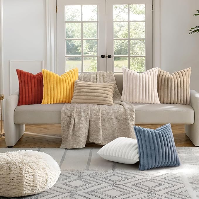 decorUhome Cozy Faux Fur Throw Pillow Covers 16x16 Set of 2 Decorative Soft Plush Striped Modern Farmhouse Boho Couch Pillow Cases with Velvet Back for Sofa Bed Living Room, Khaki Brown