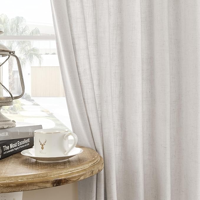Joydeco Linen Curtains for Living Room,Light Filtering Rod Pocket Back Tab Semi Sheer Drapes Window Long Curtains 96 inches Long Blanc de Blanc